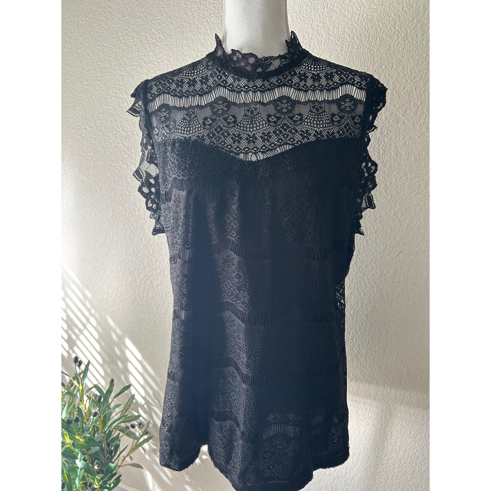 Celine by Champion Black Lace Mock Neck Sleeveless Blouse Keyhole Back Top